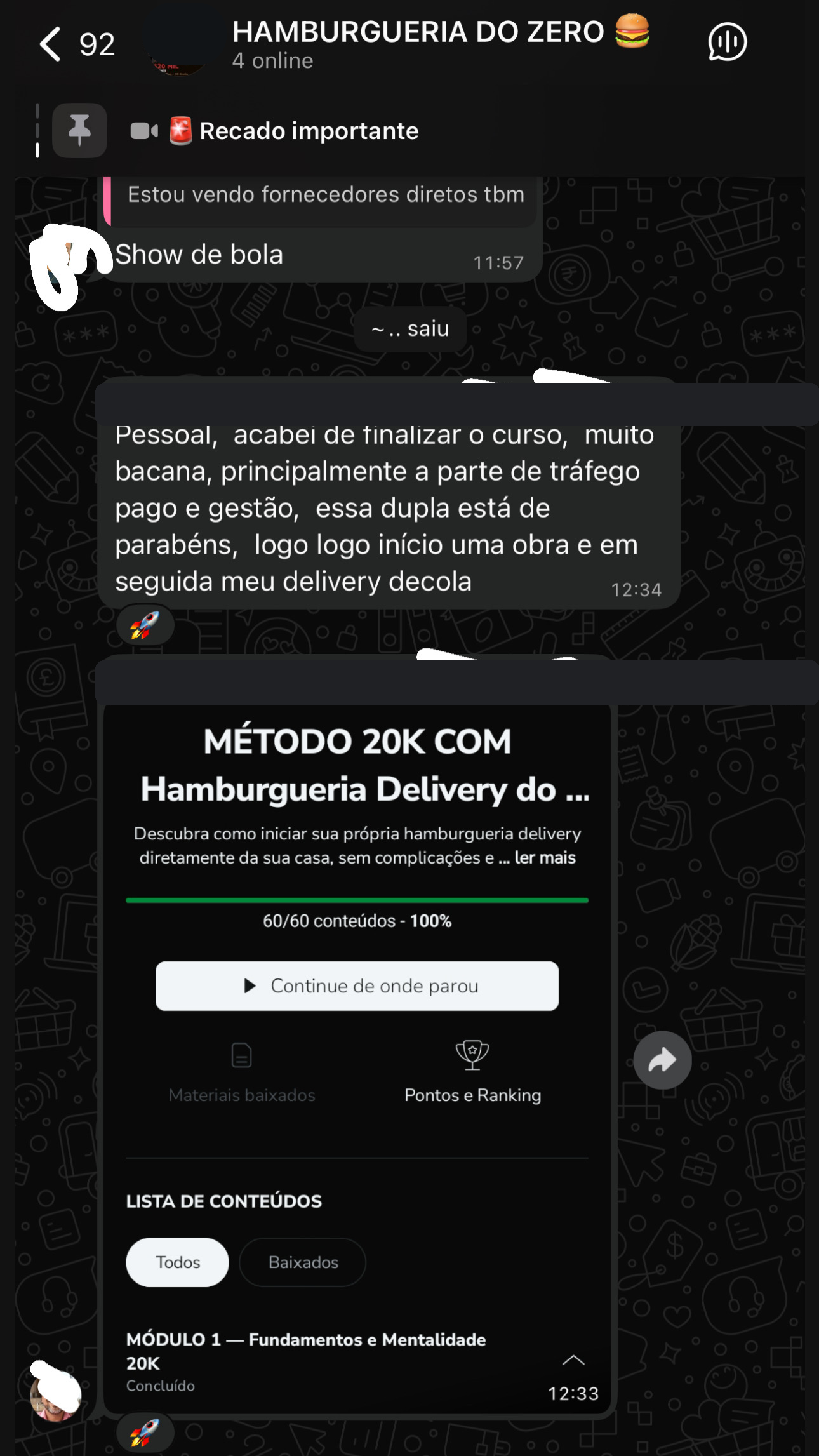 Aluno que finalizou 100% do curso e elogiou tráfego pago e gestão